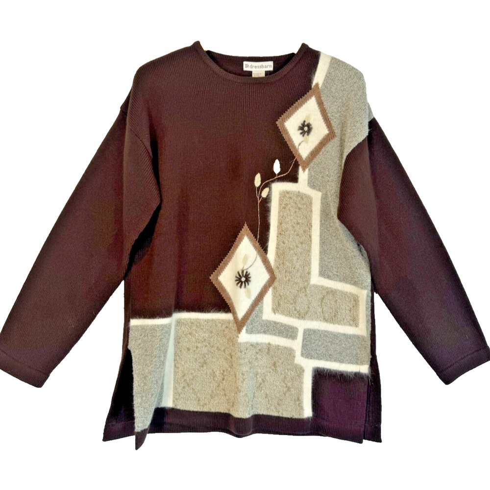Vtg Dress Barn Womens M Wool Angora Pullover Sweater Geometric Soft Brown NEW